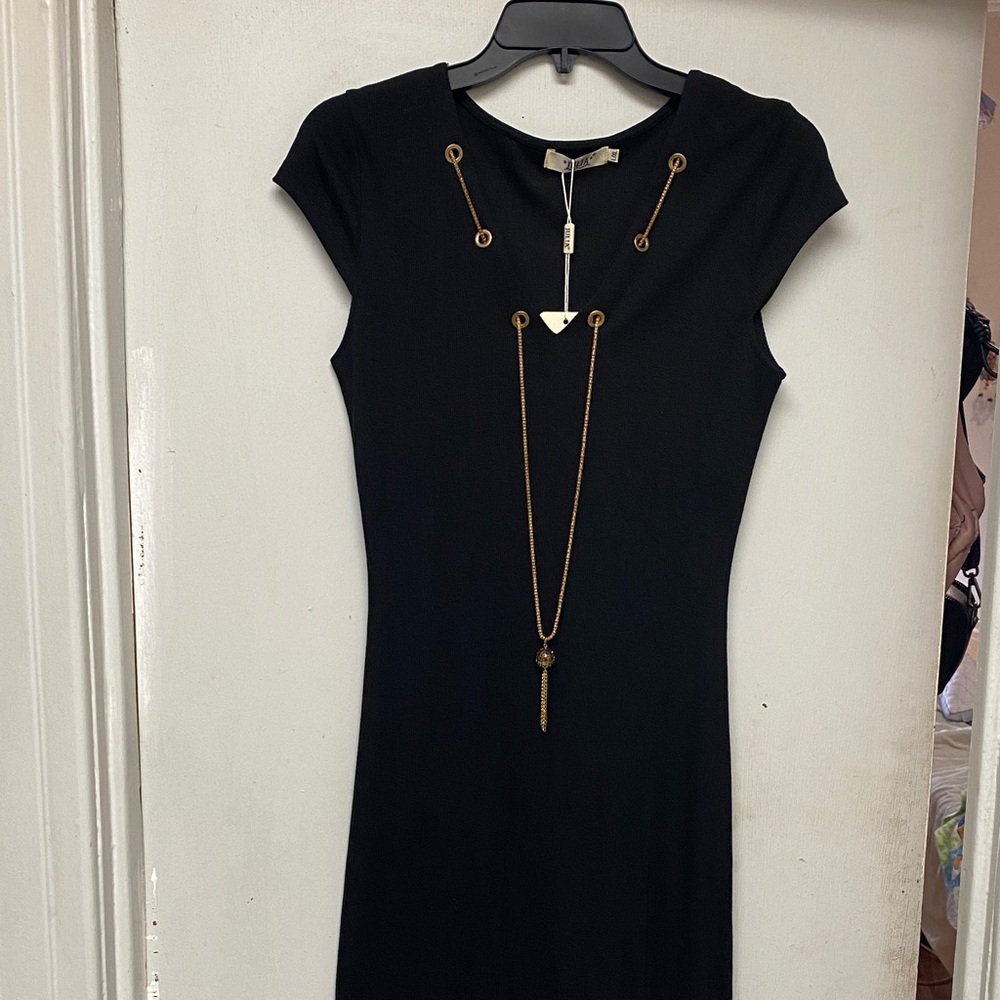 Elegant Black Dress with Gold Accents necklace